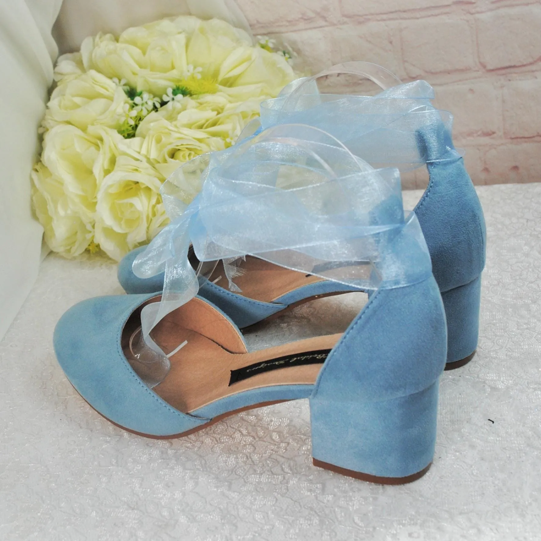 Blue Suede Low Heel Bridal Sandals, Wedding Shoes with Ankle Strap, Bridal Shoes with Block Heel