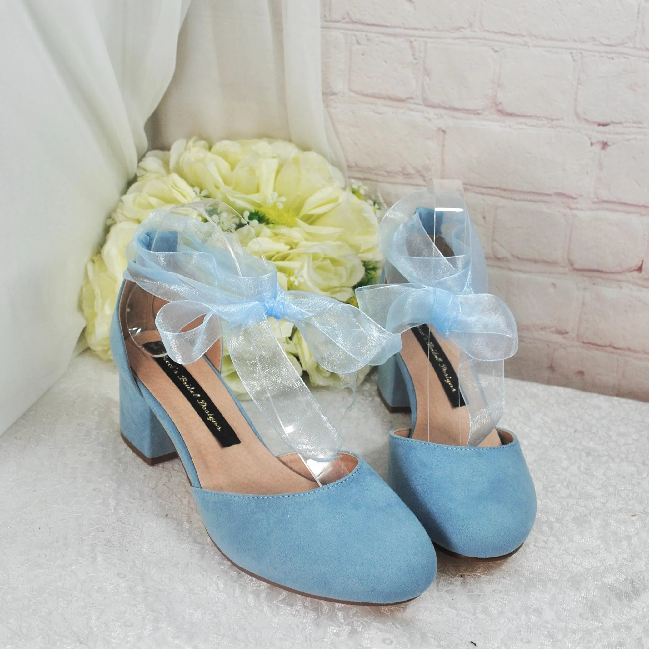 Blue Suede Low Heel Bridal Sandals, Wedding Shoes with Ankle Strap, Bridal Shoes with Block Heel