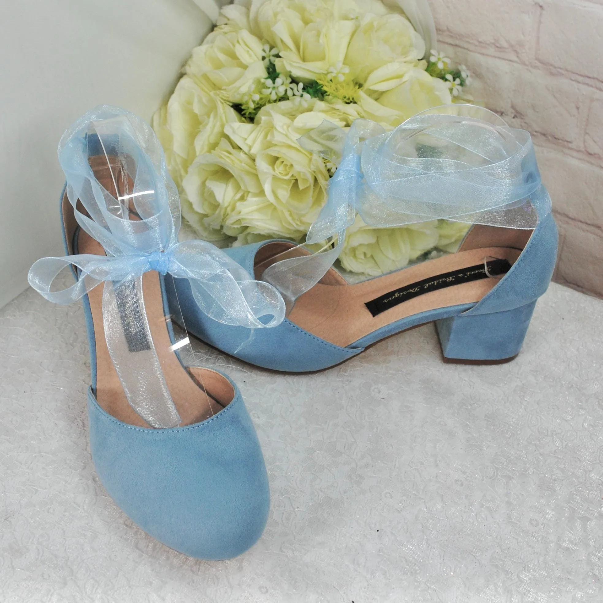 Blue Suede Low Heel Bridal Sandals, Wedding Shoes with Ankle Strap, Bridal Shoes with Block Heel