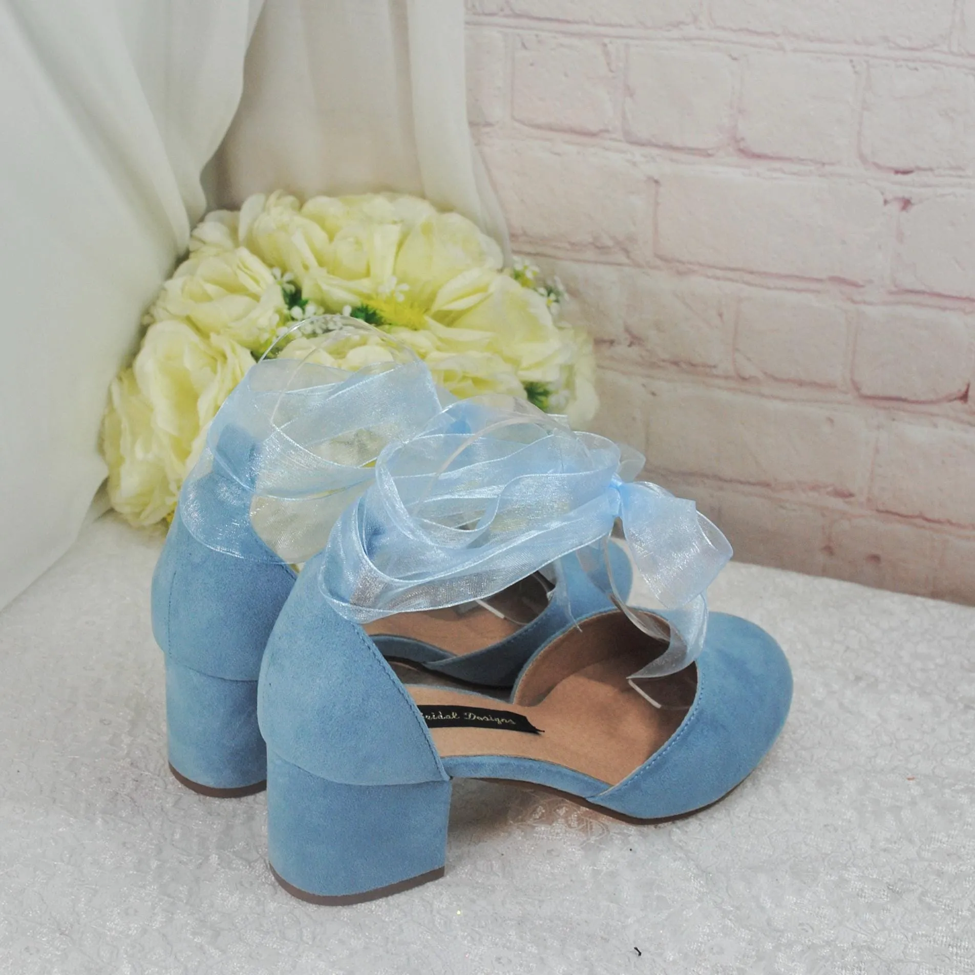 Blue Suede Low Heel Bridal Sandals, Wedding Shoes with Ankle Strap, Bridal Shoes with Block Heel