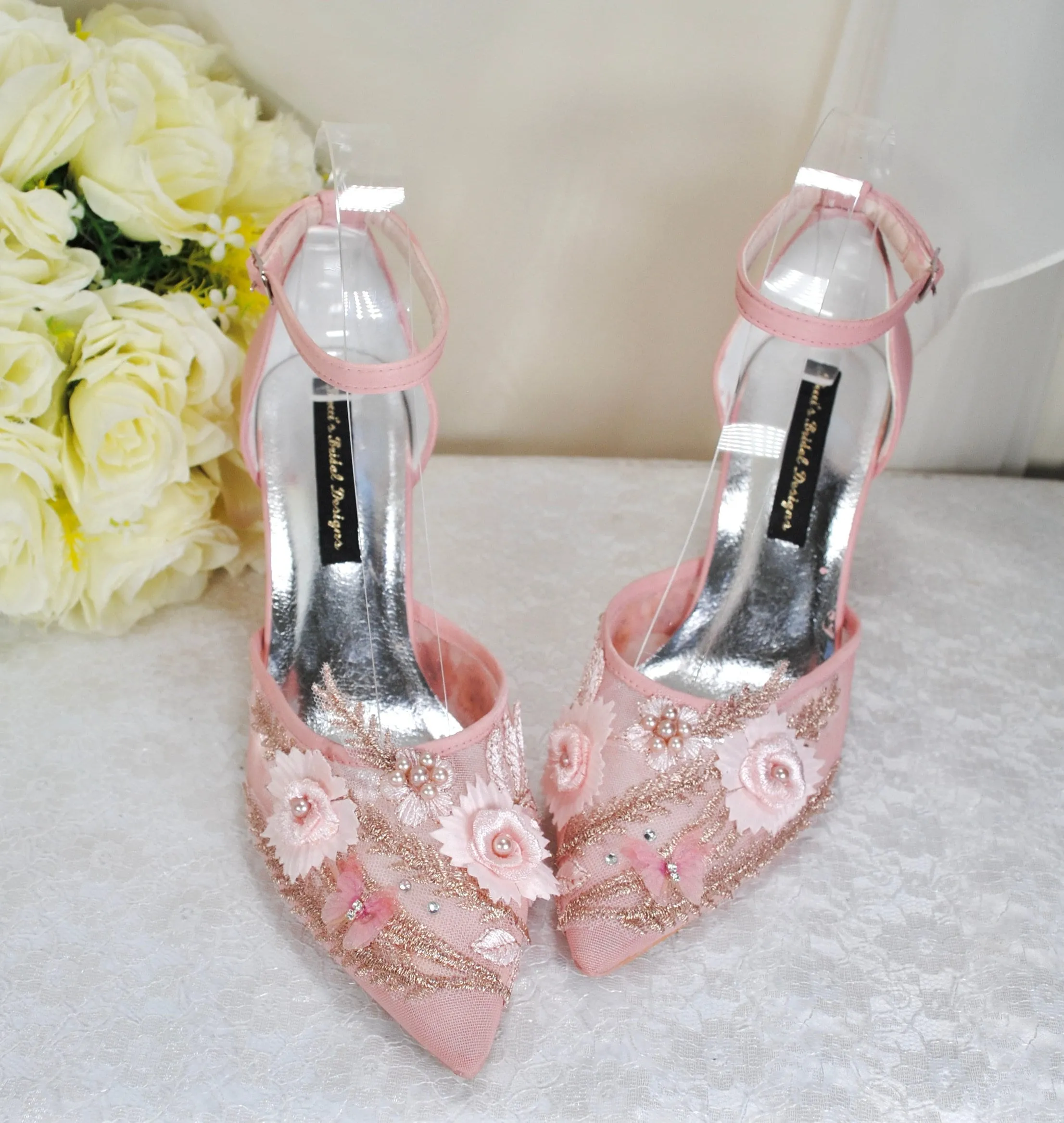 Blush Pink & Rose Gold Wedding Sandals for Bride - UK7/US9.5