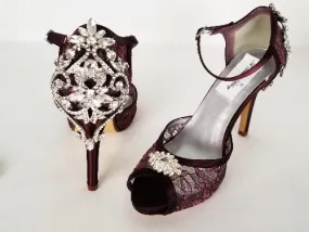 Burgundy Lace Bridal Shoes with Crystal Front and Back