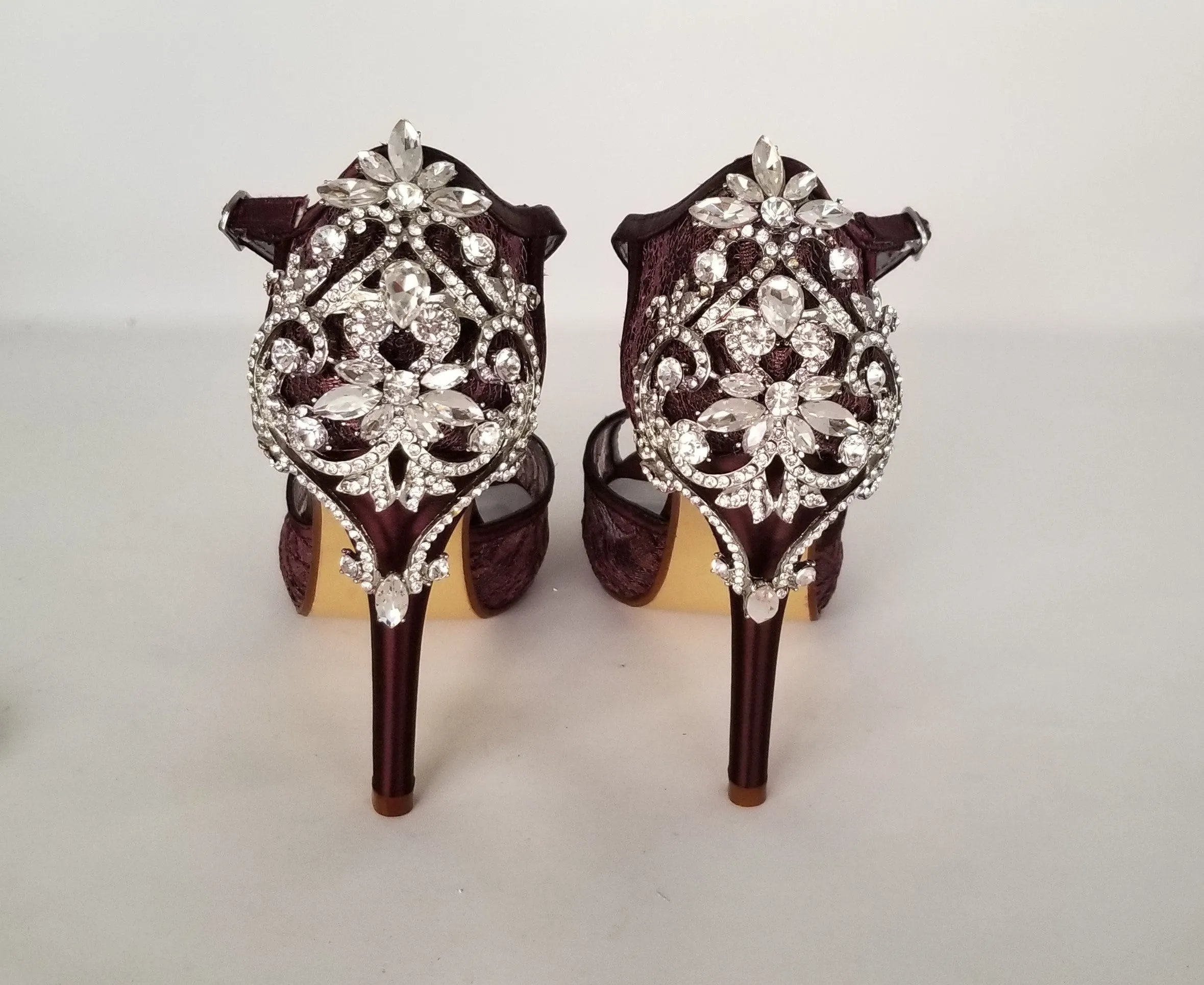 Burgundy Lace Bridal Shoes with Crystal Front and Back