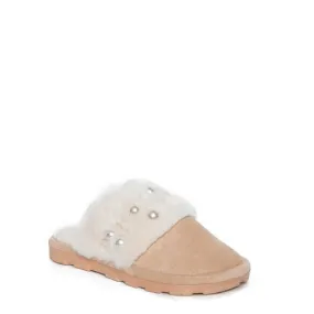 CALLIE FAUX FUR FLAT SLIPPER WITH PEARL DETAILING