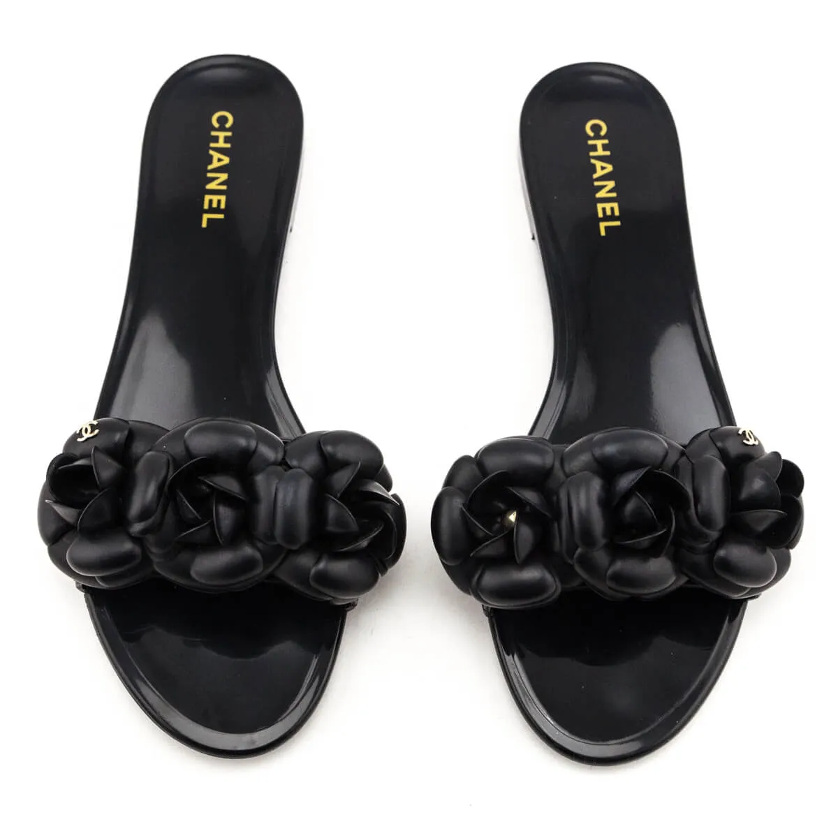 Chanel Black Rubber Camellia Slide Sandals Size US 10 | EU 40