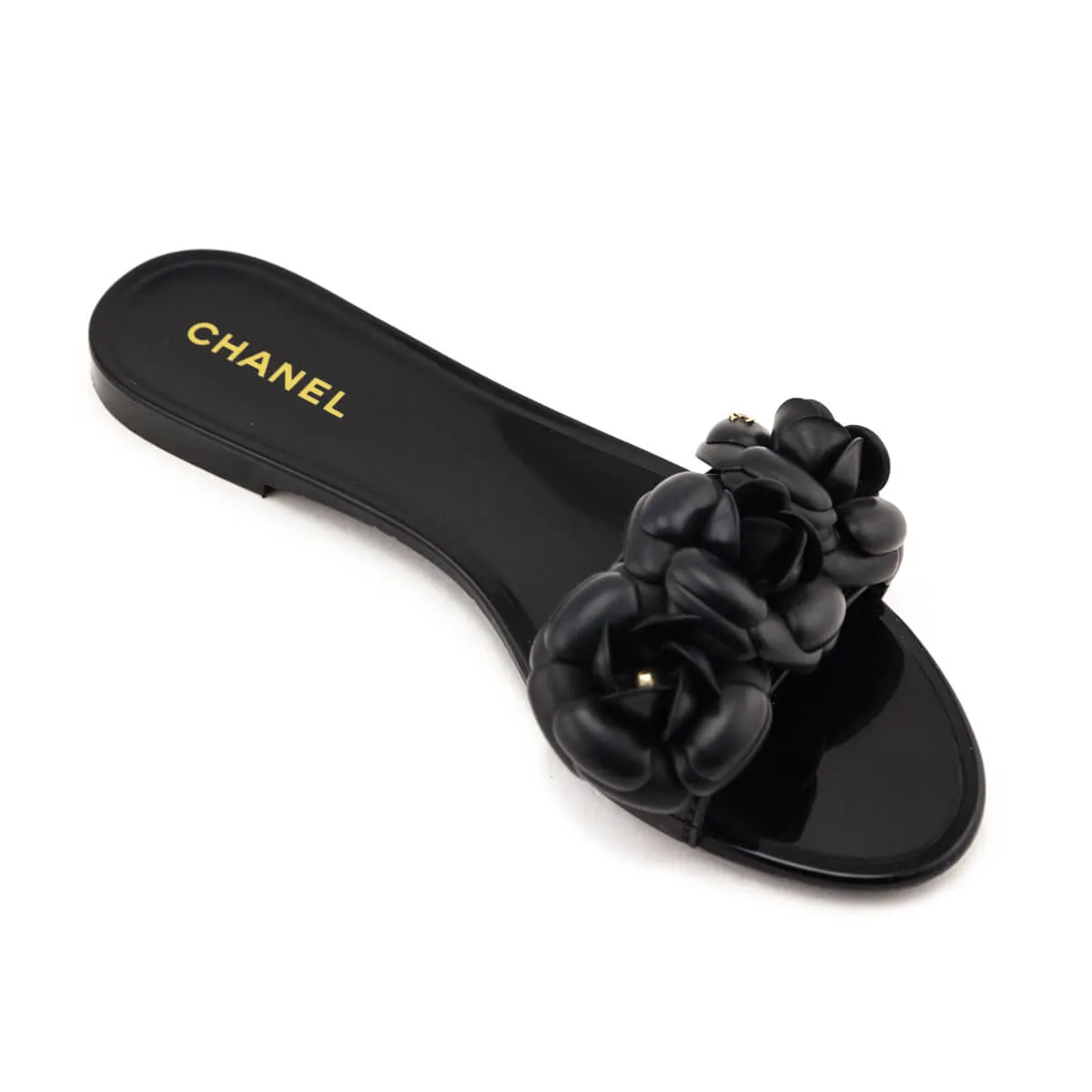 Chanel Black Rubber Camellia Slide Sandals Size US 10 | EU 40