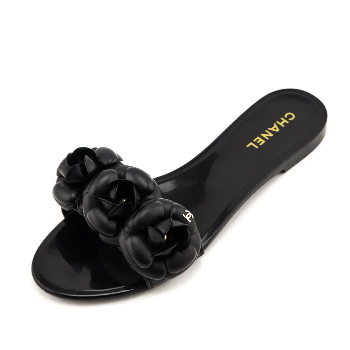 Chanel Black Rubber Camellia Slide Sandals Size US 10 | EU 40