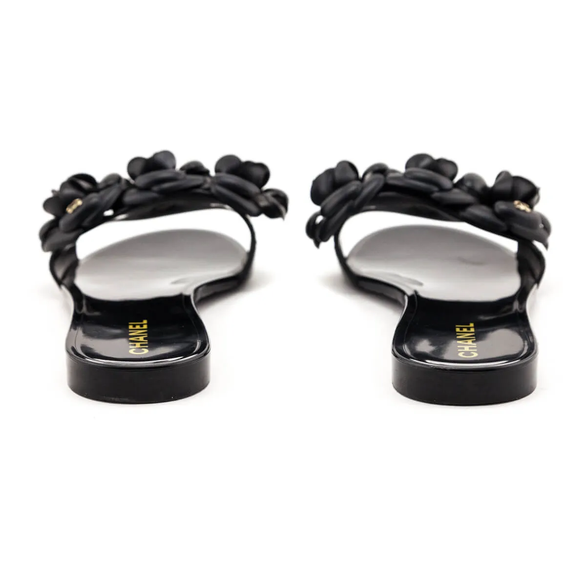 Chanel Black Rubber Camellia Slide Sandals Size US 10 | EU 40