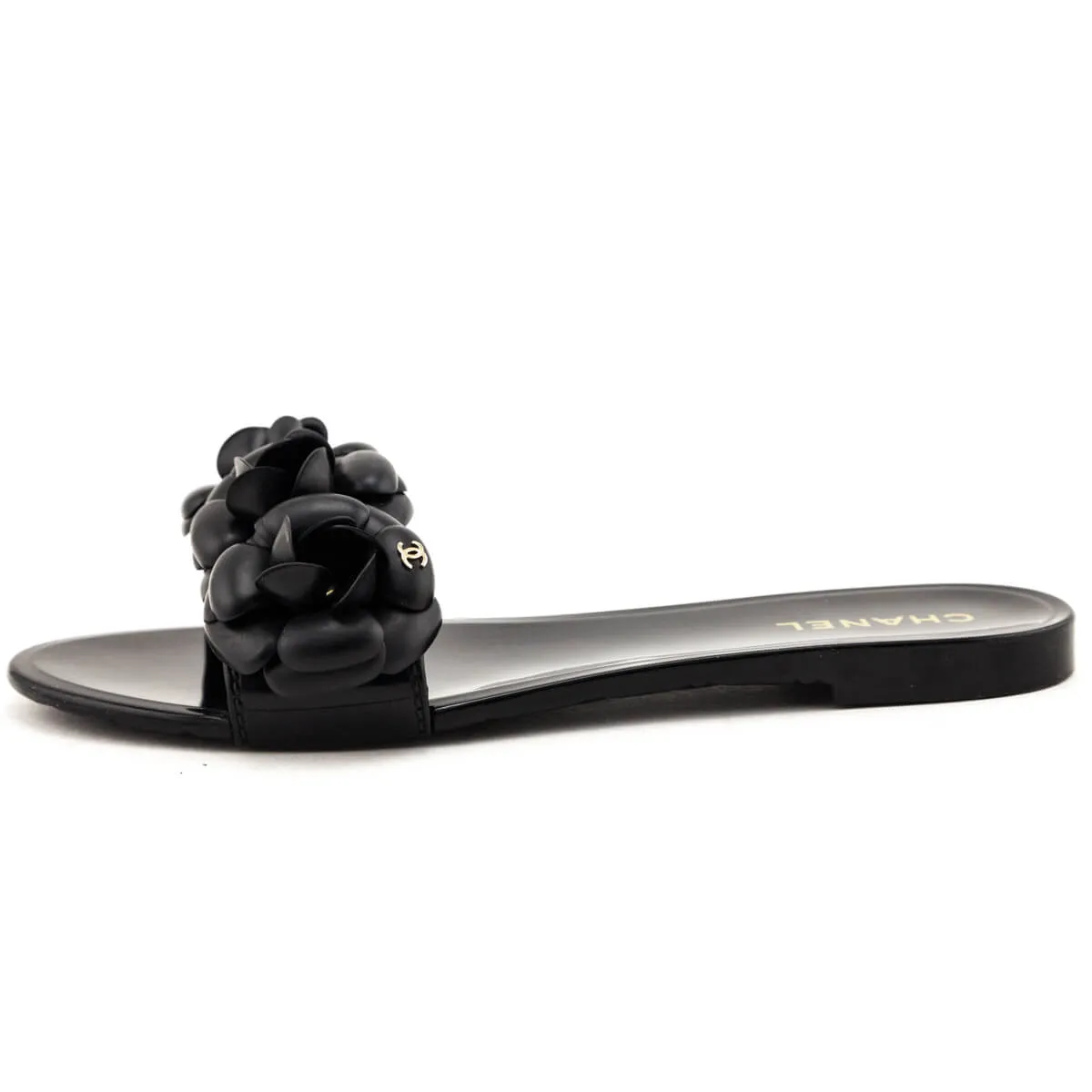 Chanel Black Rubber Camellia Slide Sandals Size US 10 | EU 40