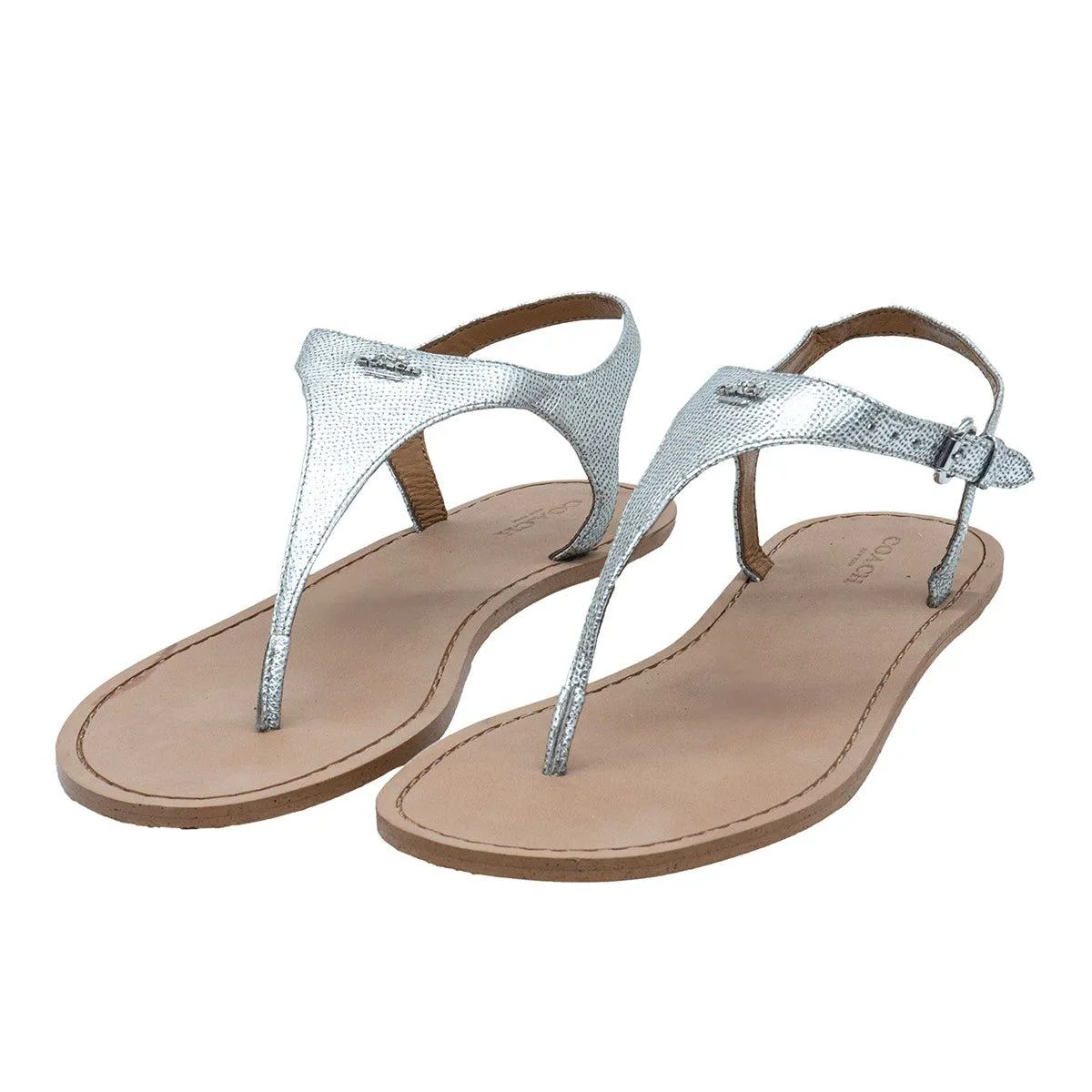 Coach Cheyanne Strap Flat Sandals Leather Silver Colour For Women