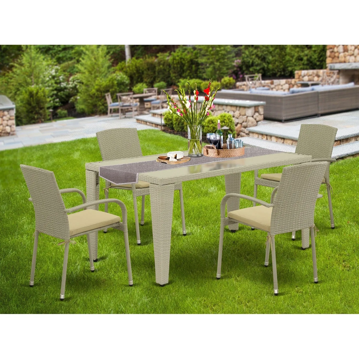 East West Furniture GUJU5-03A 5 Piece Patio Furniture Sets Wicker Outdoor Set Includes a Rectangle Dining Table with Glass Top and 4 Balcony Armchair with Cushion, 36x60 Inch, Natural Linen
