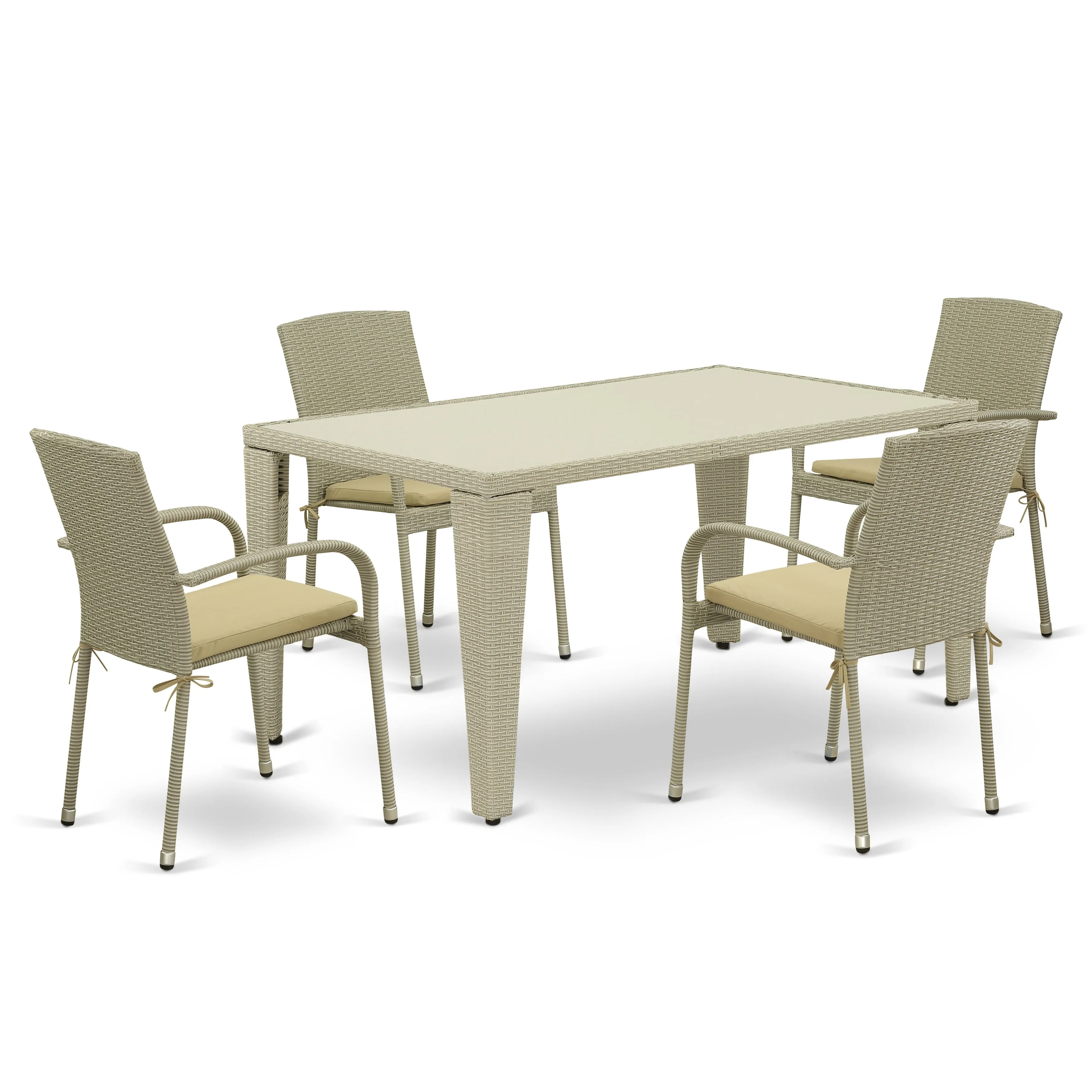 East West Furniture GUJU5-03A 5 Piece Patio Furniture Sets Wicker Outdoor Set Includes a Rectangle Dining Table with Glass Top and 4 Balcony Armchair with Cushion, 36x60 Inch, Natural Linen
