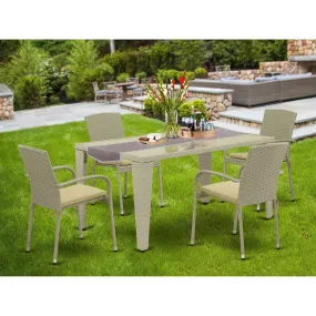 East West Furniture GUJU5-03A 5 Piece Patio Furniture Sets Wicker Outdoor Set Includes a Rectangle Dining Table with Glass Top and 4 Balcony Armchair with Cushion, 36x60 Inch, Natural Linen
