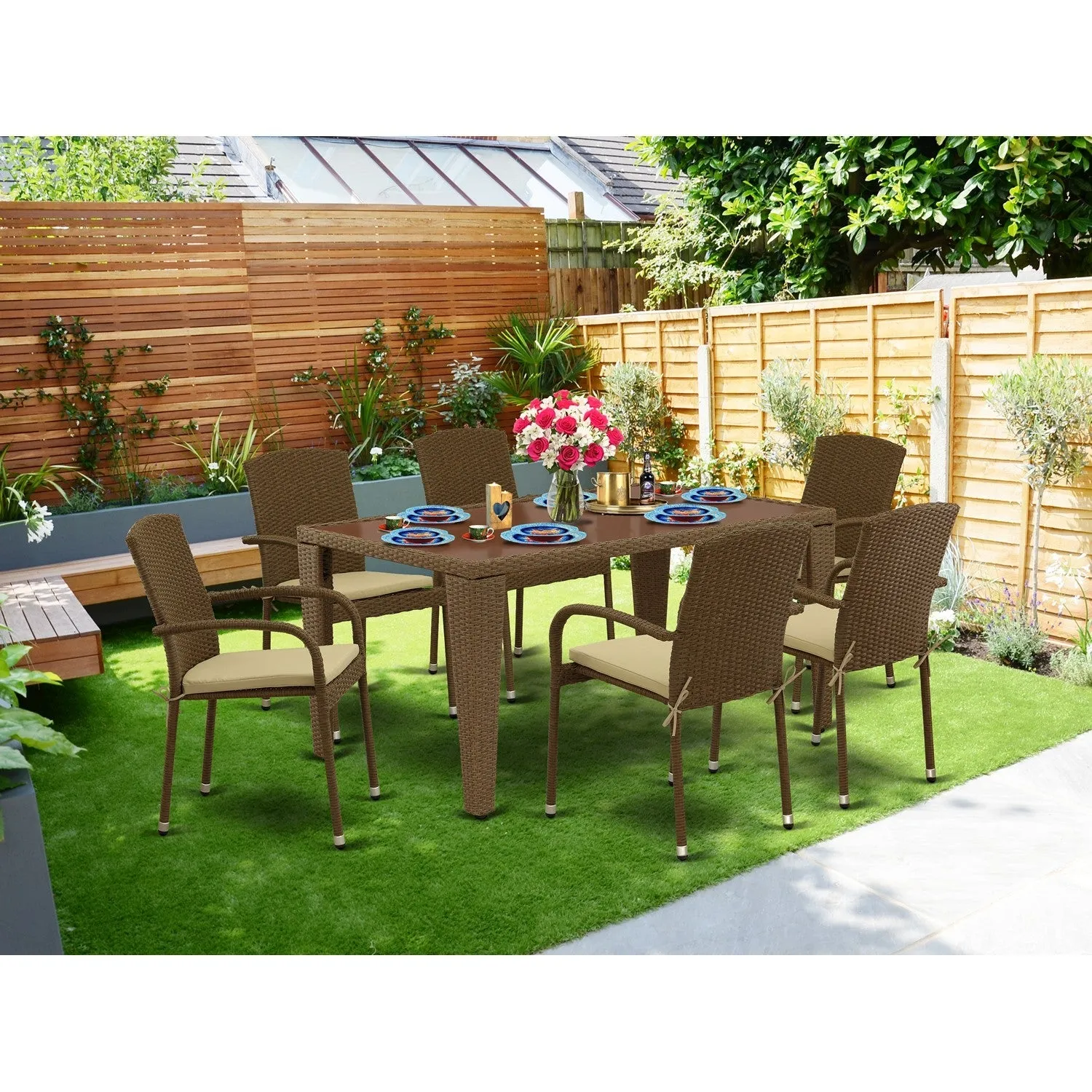 East West Furniture GUJU7-02A 7 Piece Outdoor Wicker Patio Furniture Sets Consist of a Rectangle Bistro Dining Table with Glass Top and 6 Balcony Armchair with Cushion, 36x60 Inch, Brown