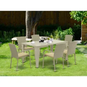 East West Furniture GUJU7-03A 7 Piece Outdoor Patio Conversation Sets Consist of a Rectangle Wicker Dining Table with Glass Top and 6 Backyard Armchair with Cushion, 36x60 Inch, Natural Linen