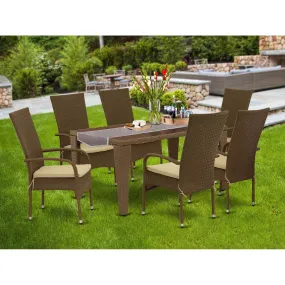 East West Furniture GUOS7-02A 7 Piece Outdoor Patio Conversation Sets Consist of a Rectangle Wicker Dining Table with Glass Top and 6 Backyard Armchair with Cushion, 36x60 Inch, Brown