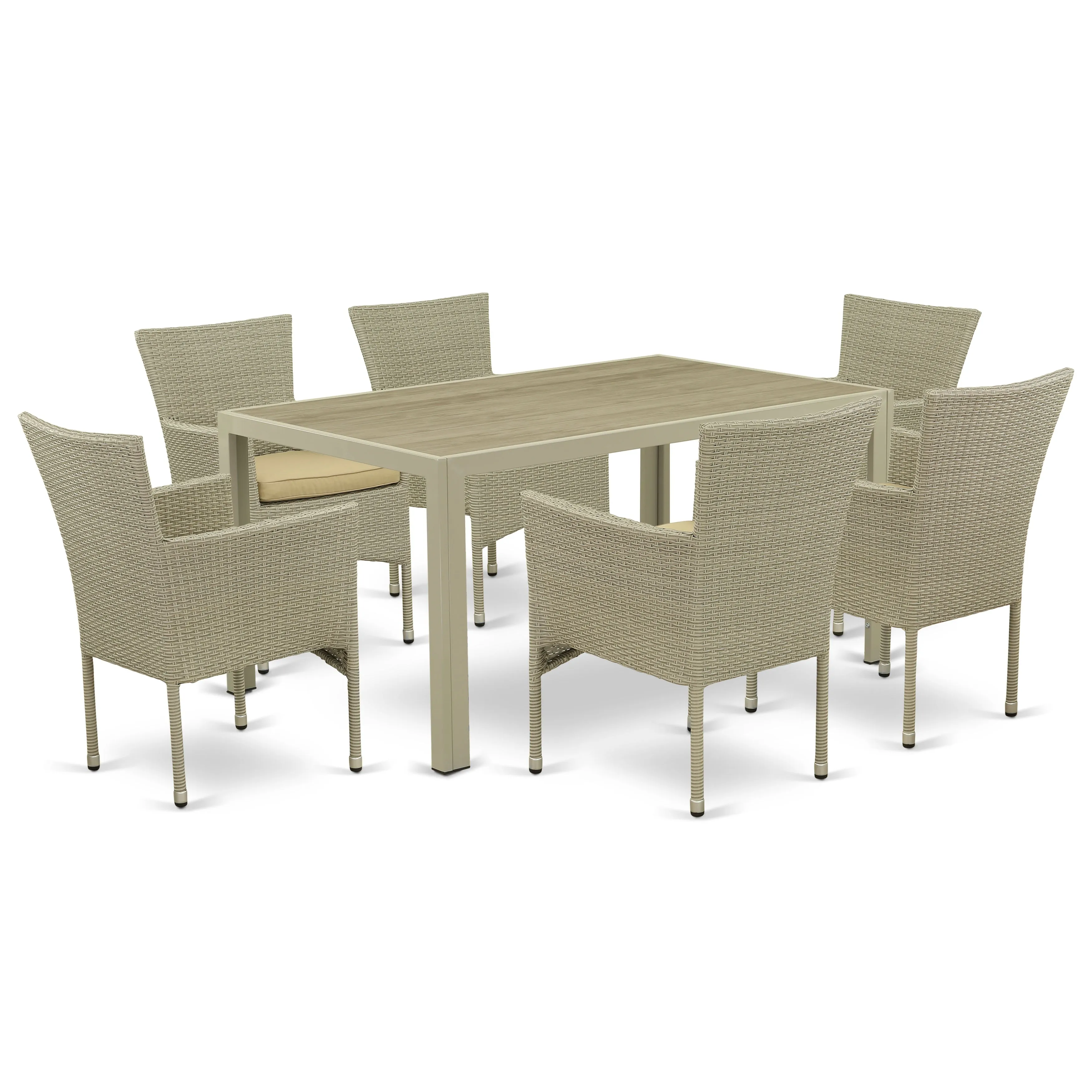 East West Furniture JUBK7-03A 7 Piece Patio Furniture Sets Wicker Outdoor Set Consist of a Rectangle Dining Table with Glass Top and 6 Balcony Armchair with Cushion, 36x60 Inch, Natural Linen