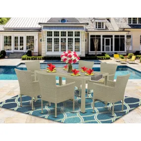 East West Furniture JUBK7-03A 7 Piece Patio Furniture Sets Wicker Outdoor Set Consist of a Rectangle Dining Table with Glass Top and 6 Balcony Armchair with Cushion, 36x60 Inch, Natural Linen