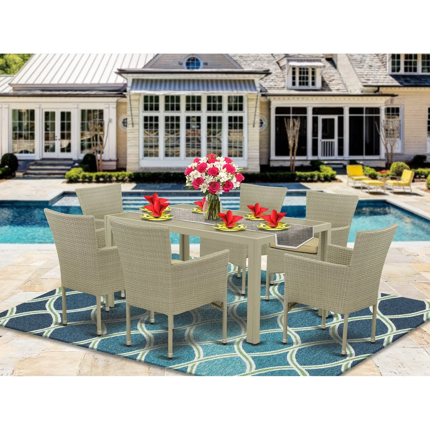 East West Furniture JUBK7-03A 7 Piece Patio Furniture Sets Wicker Outdoor Set Consist of a Rectangle Dining Table with Glass Top and 6 Balcony Armchair with Cushion, 36x60 Inch, Natural Linen