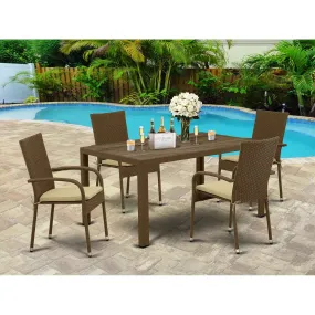 East West Furniture JUGU5-02A 5 Piece Outdoor Patio Conversation Sets Includes a Rectangle Wicker Dining Table with Glass Top and 4 Balcony Backyard Armchair with Cushion, 36x60 Inch, Brown