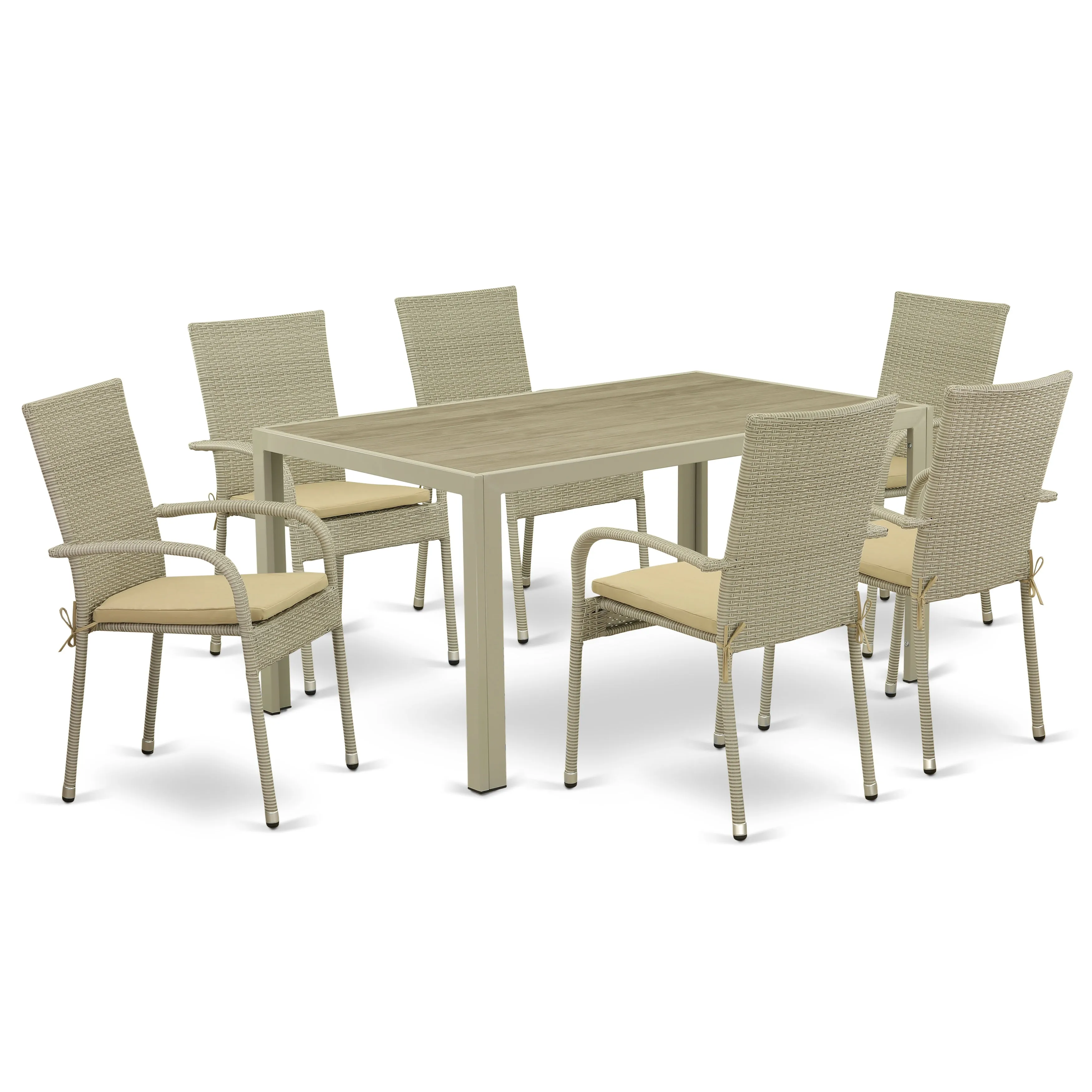 East West Furniture JUGU7-03A 7 Piece Wicker Patio Furniture Set Consist of a Rectangle Outdoor Table with Glass Top and 6 Balcony Backyard Armchair with Cushion, 36x60 Inch, Natural Linen