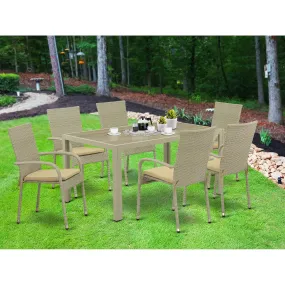 East West Furniture JUGU7-03A 7 Piece Wicker Patio Furniture Set Consist of a Rectangle Outdoor Table with Glass Top and 6 Balcony Backyard Armchair with Cushion, 36x60 Inch, Natural Linen
