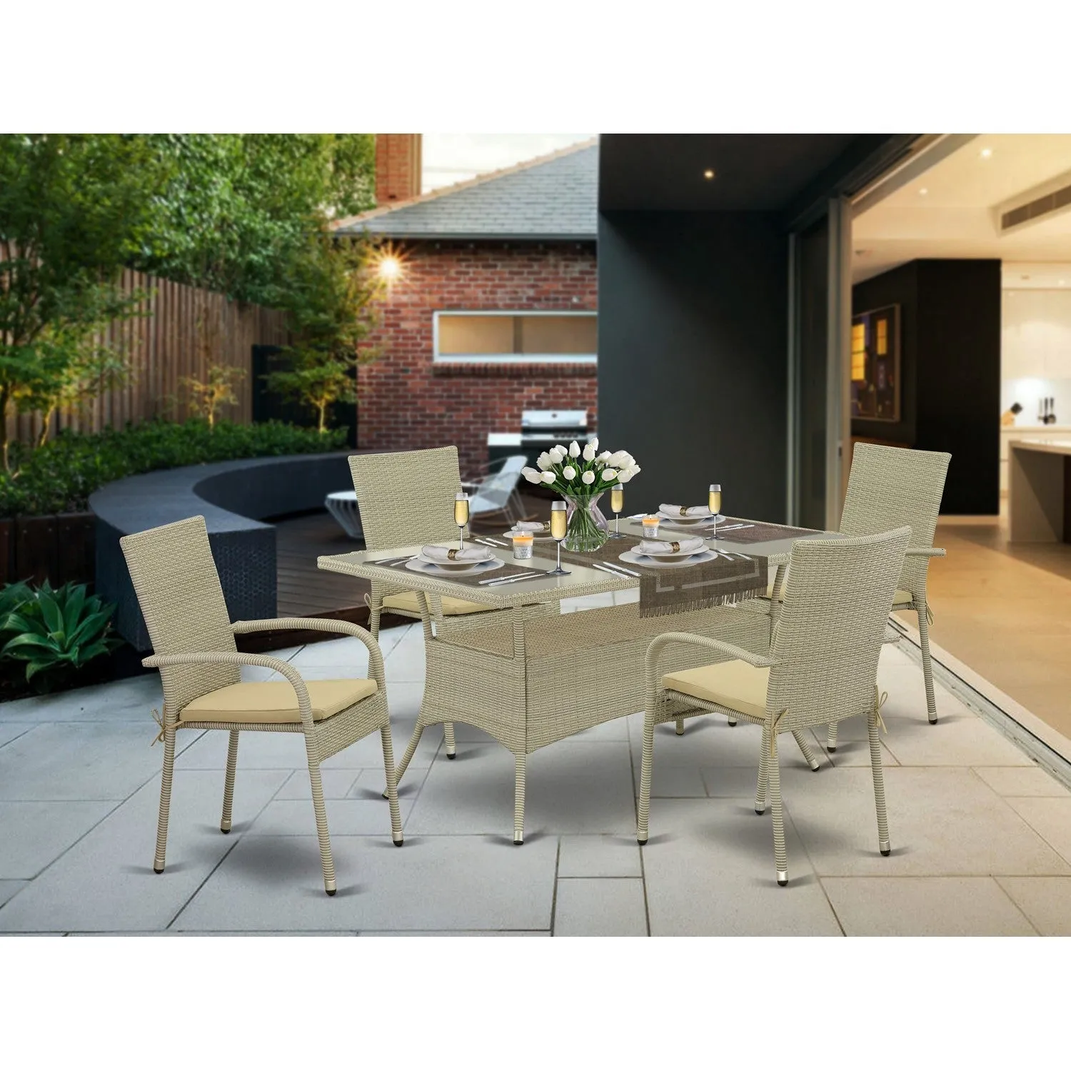 East West Furniture OSGU5-03A 5 Piece Patio Furniture Sets Wicker Outdoor Set Includes a Rectangle Dining Table with Glass Top and 4 Backyard Armchair with Cushion, 36x60 Inch, Natural Linen