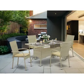East West Furniture OSGU5-03A 5 Piece Patio Furniture Sets Wicker Outdoor Set Includes a Rectangle Dining Table with Glass Top and 4 Backyard Armchair with Cushion, 36x60 Inch, Natural Linen