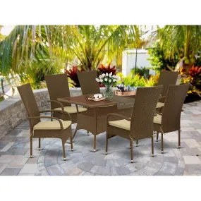 East West Furniture OSOS7-02A 7 Piece Wicker Patio Furniture Set Consist of a Rectangle Outdoor Table with Glass Top and 6 Balcony Backyard Armchair with Cushion, 36x60 Inch, Brown