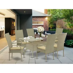 East West Furniture OSOS7-03A 7 Piece Patio Furniture Sets Wicker Outdoor Set Consist of a Rectangle Dining Table with Glass Top and 6 Balcony Armchair with Cushion, 36x60 Inch, Natural Linen