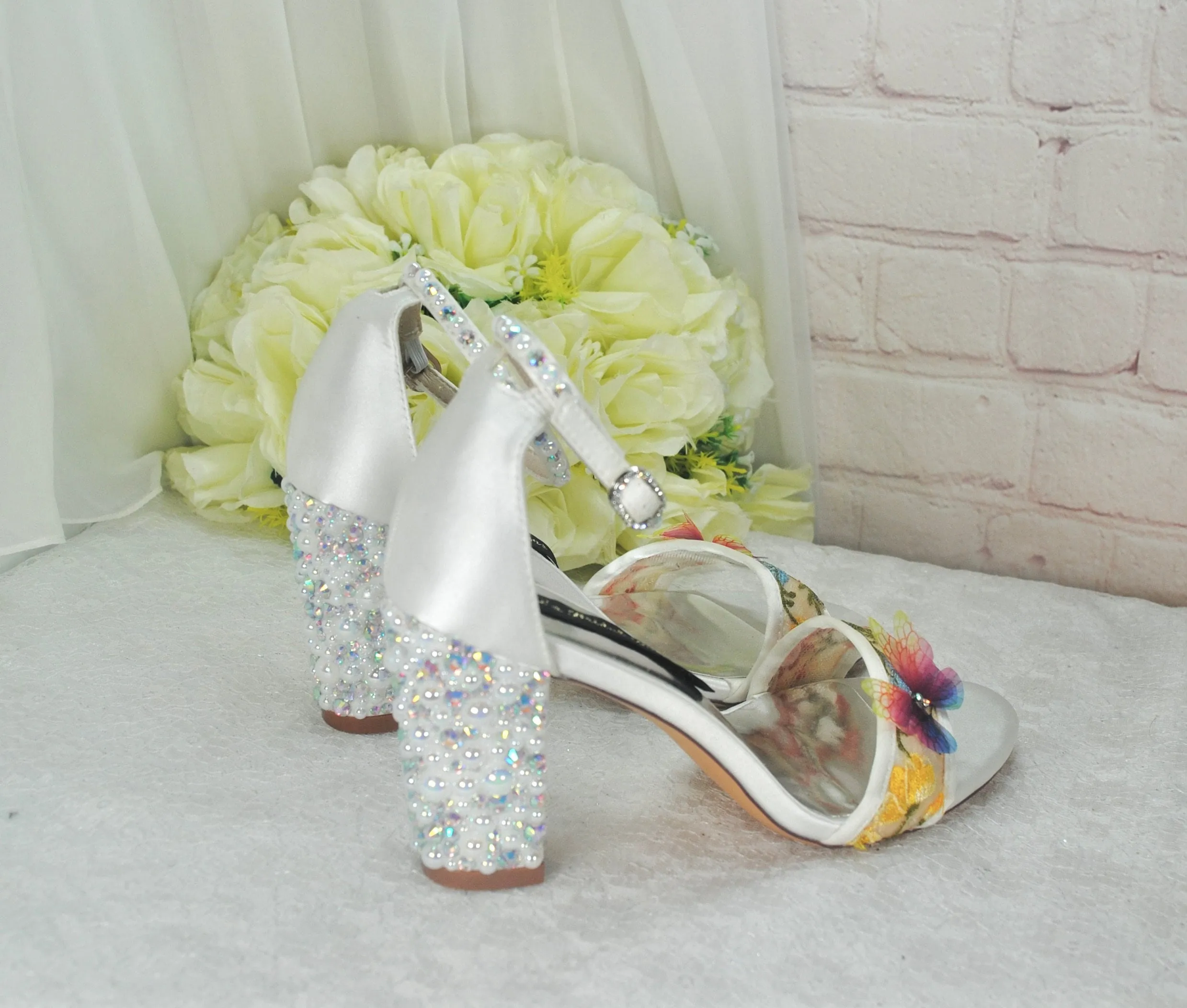 Embroidered Block Heel Bridal Shoes with Silk Butterflies