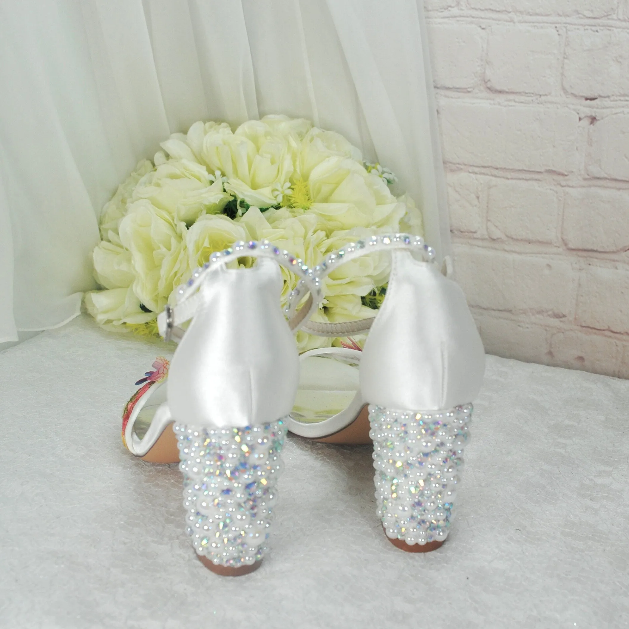 Embroidered Block Heel Bridal Shoes with Silk Butterflies