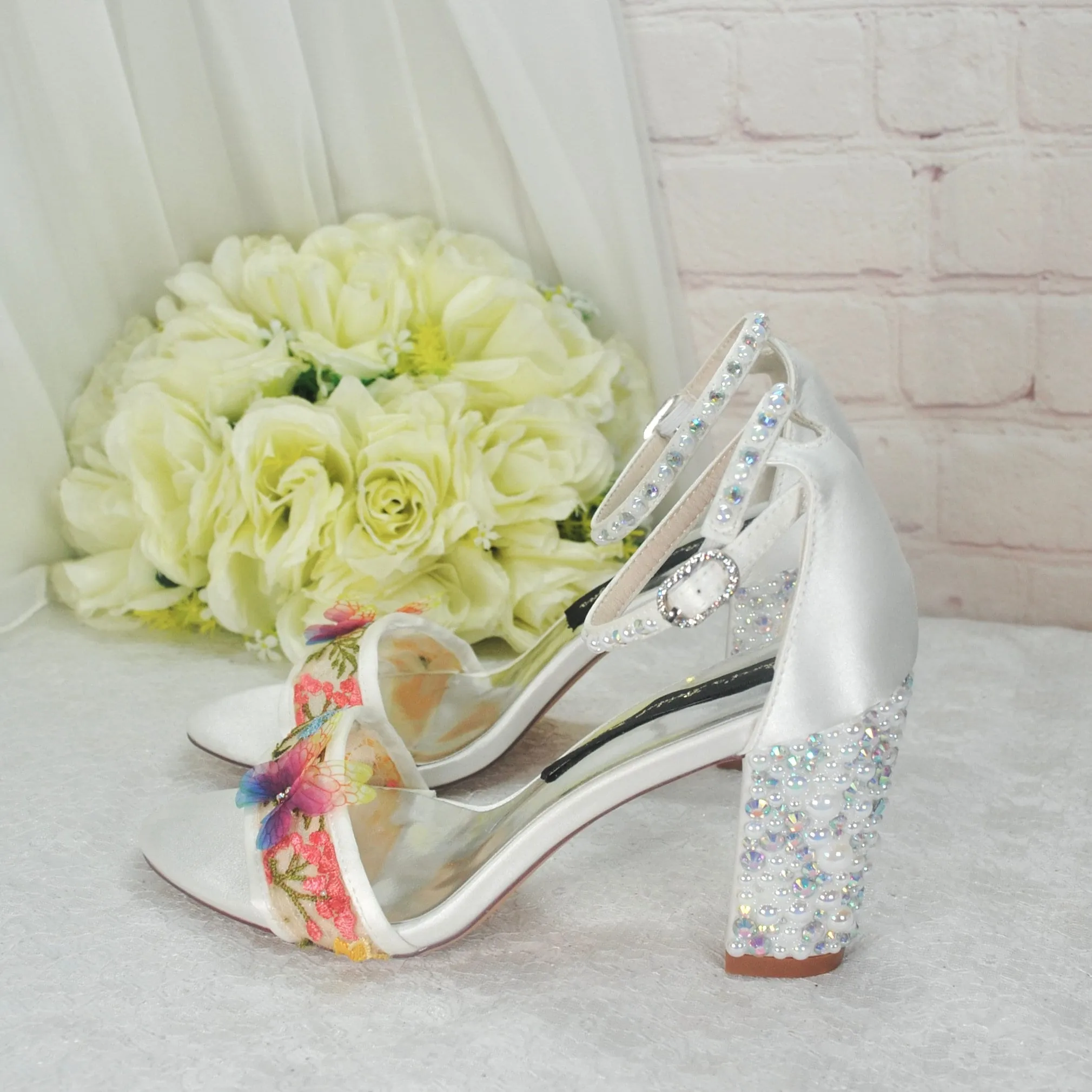Embroidered Block Heel Bridal Shoes with Silk Butterflies
