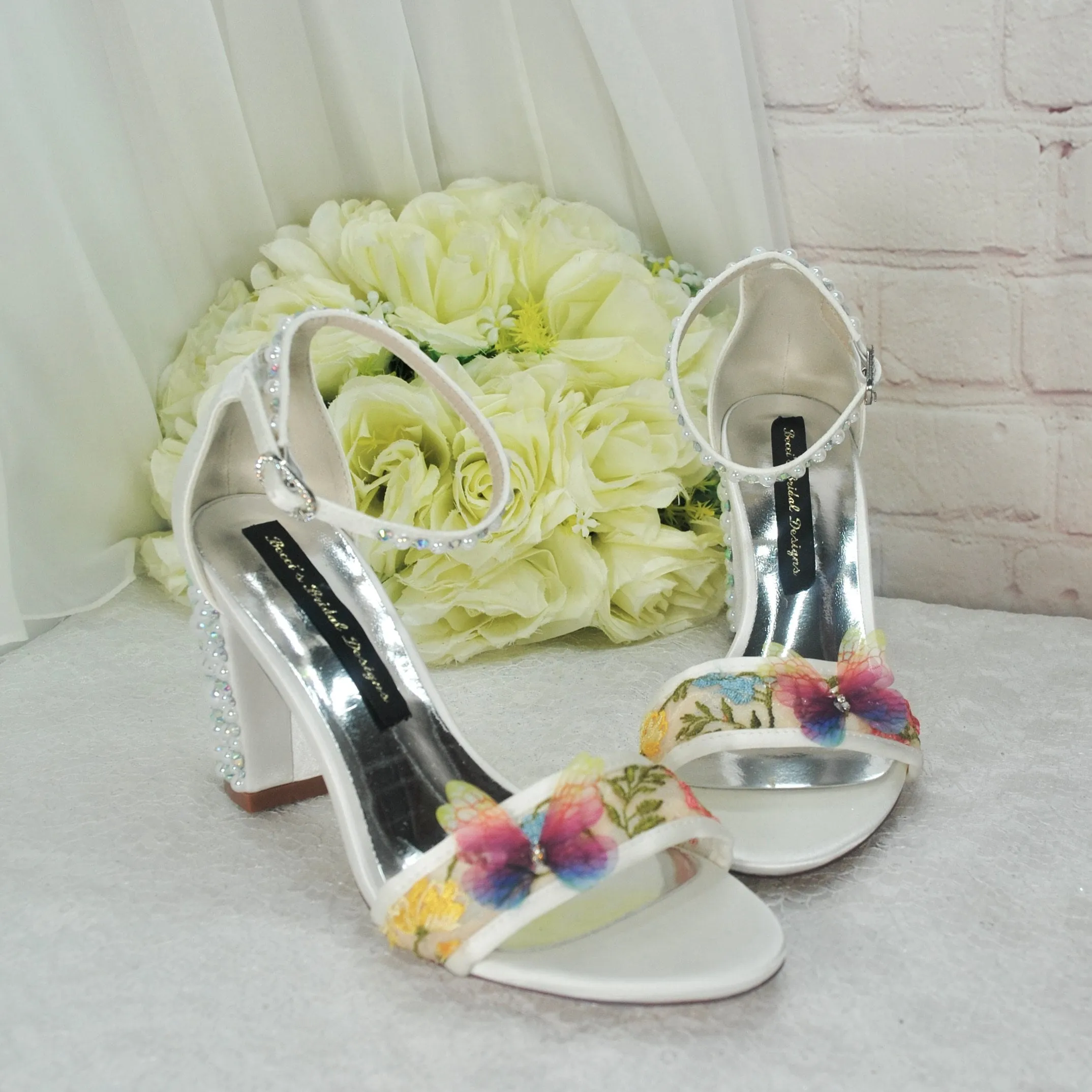 Embroidered Block Heel Bridal Shoes with Silk Butterflies