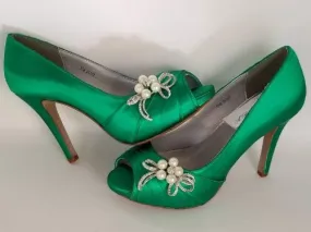 Emerald Green Wedding Shoes with Crystal and Pearl Bow