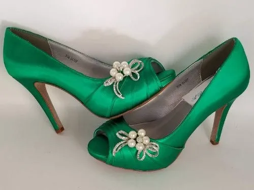 Emerald Green Wedding Shoes with Crystal and Pearl Bow