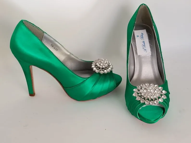 Emerald Green Wedding Shoes with Crystal Oval Design