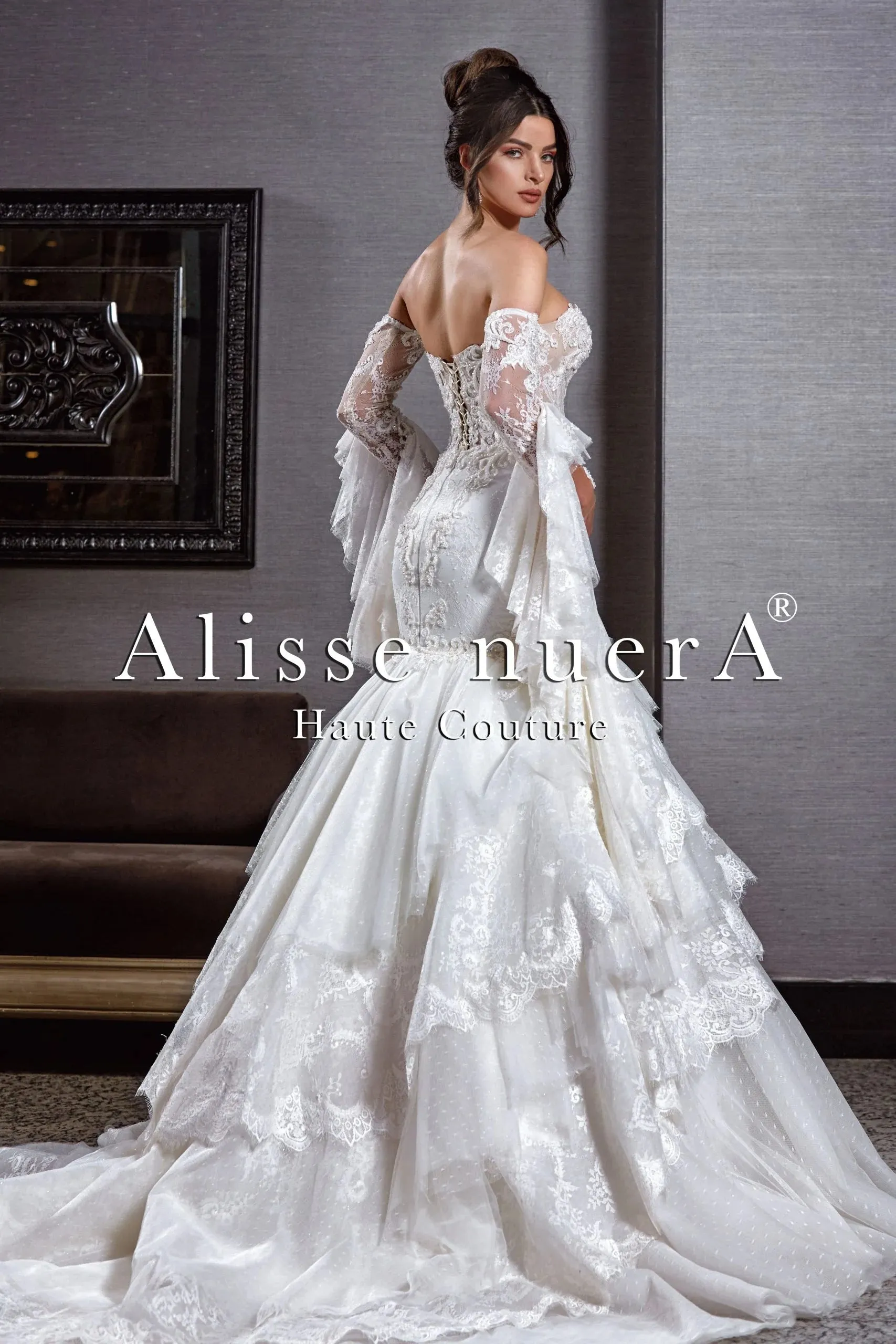 Flamenco Wedding Gown with Layered Trumpet Skirt and Detachable Layered Flare Sleeves