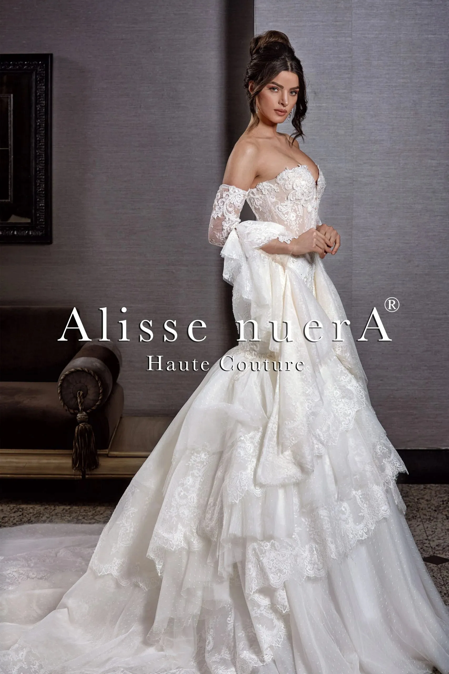 Flamenco Wedding Gown with Layered Trumpet Skirt and Detachable Layered Flare Sleeves