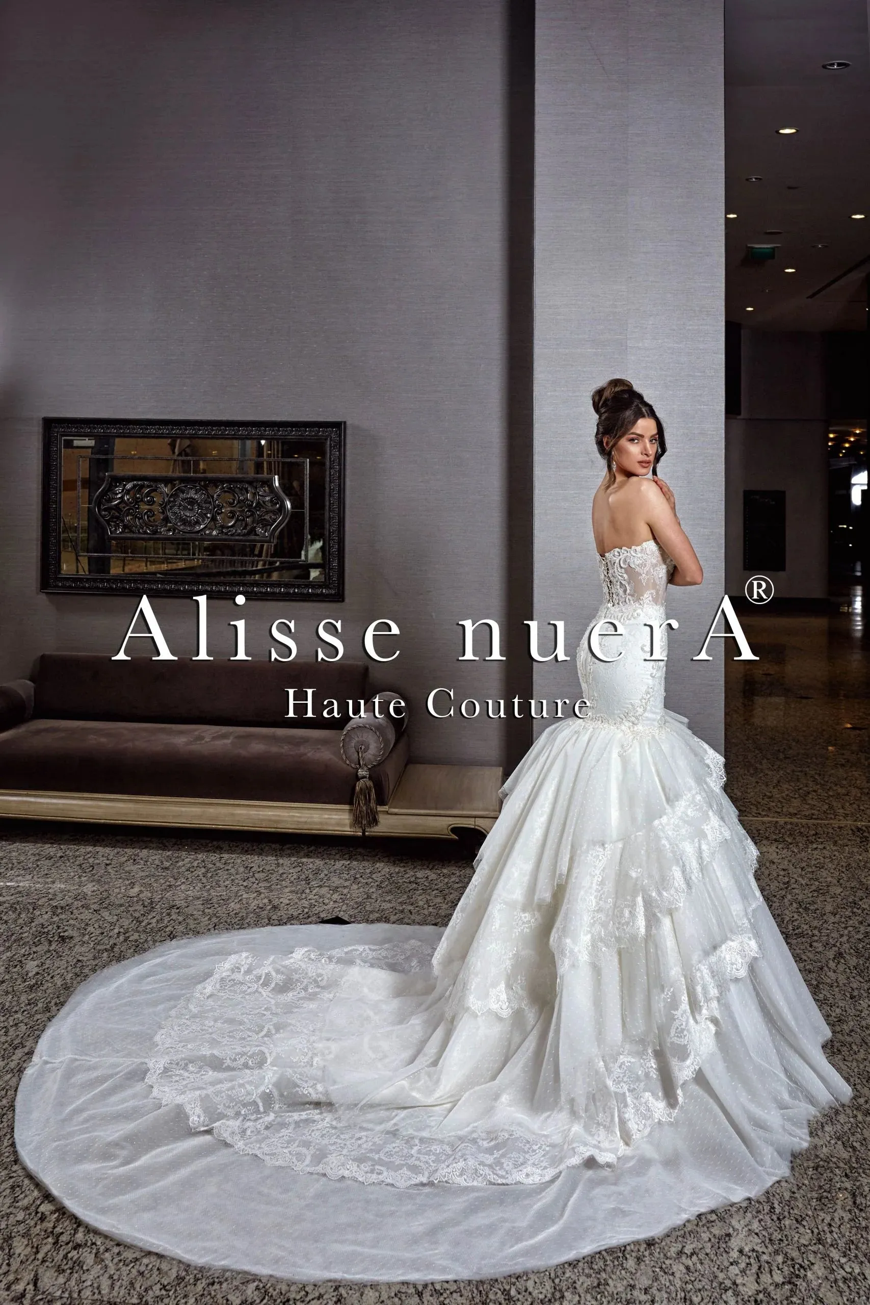 Flamenco Wedding Gown with Layered Trumpet Skirt and Detachable Layered Flare Sleeves