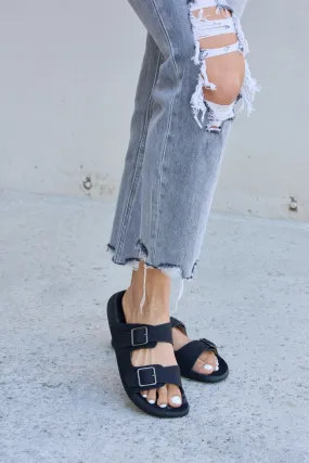 Forever Link Double Buckle Strap Slide On Open Toe Black Flat Sandals