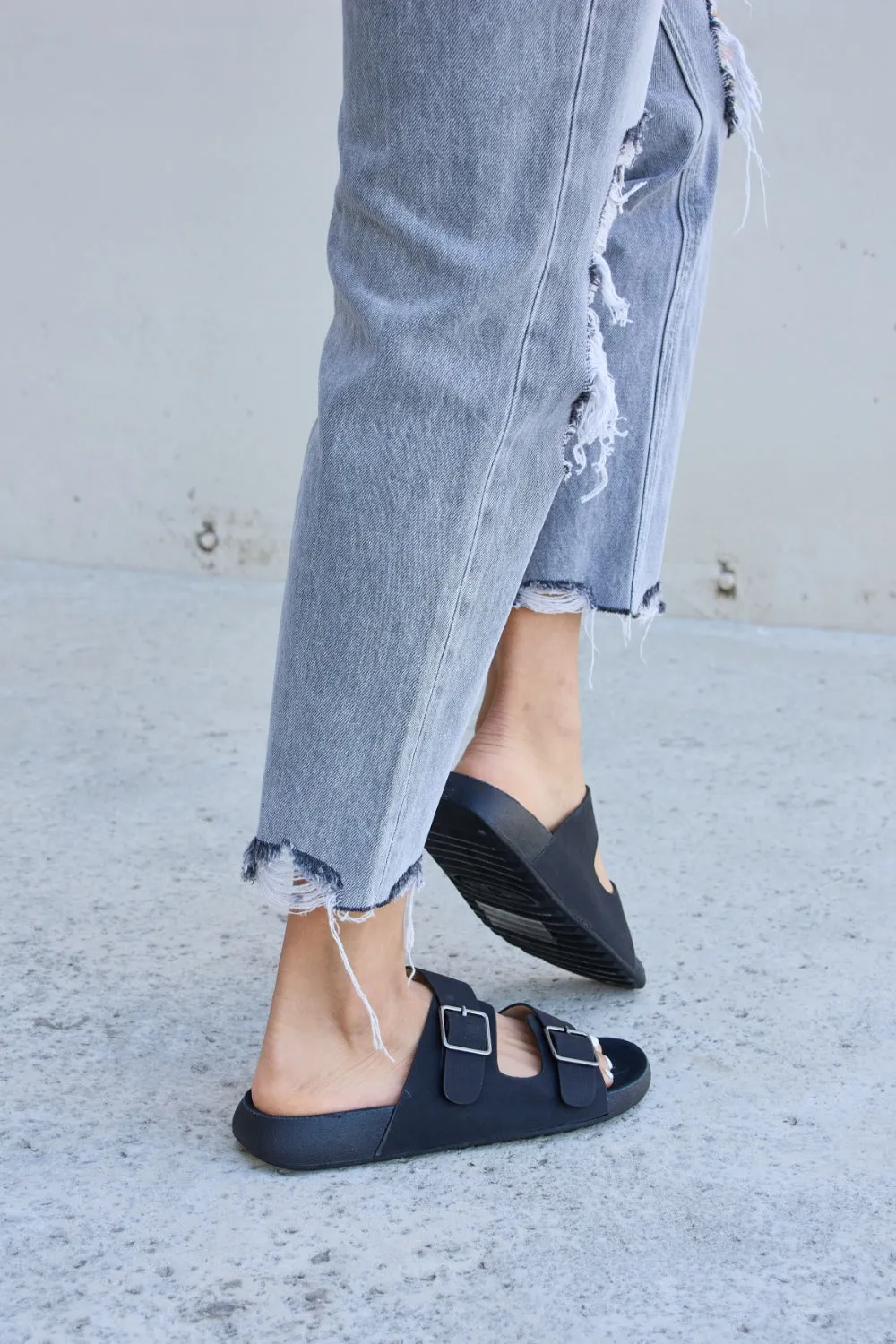 Forever Link Double Buckle Strap Slide On Open Toe Black Flat Sandals