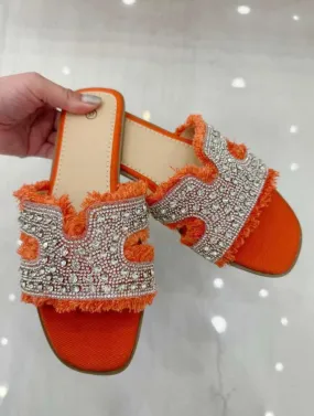 Glam Fringe Crystal Slide -Orange Bling