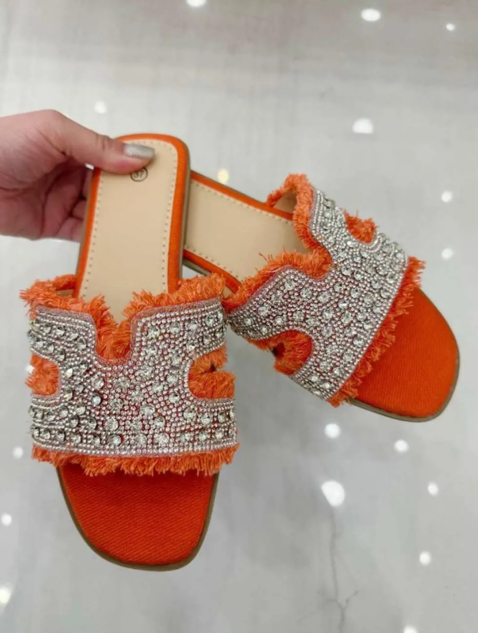 Glam Fringe Crystal Slide -Orange Bling