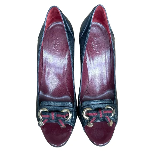 GUCCI Black Leather Bow Detail Open Toe Pumps, Size 37C