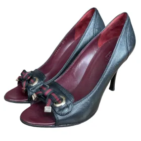 GUCCI Black Leather Bow Detail Open Toe Pumps, Size 37C