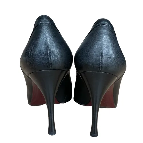 GUCCI Black Leather Bow Detail Open Toe Pumps, Size 37C
