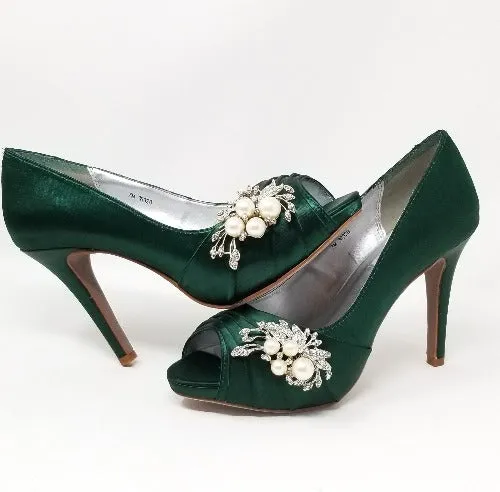 Hunter Green Wedding Shoes with Crystal and Pearl Cascade