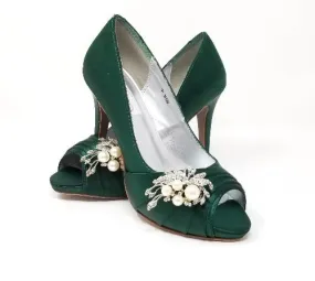 Hunter Green Wedding Shoes with Crystal and Pearl Cascade