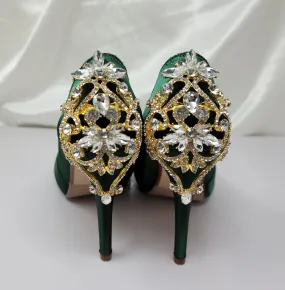 Hunter Green Wedding Shoes with Crystal Heel Gold Design